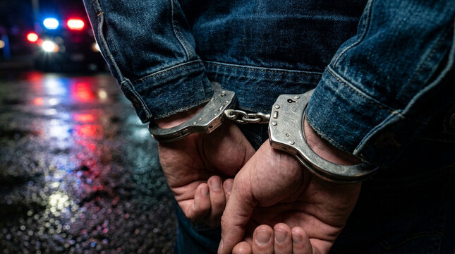 Fugitive Arrested, Shackled Hands, Police Car Lights, Crime Scene