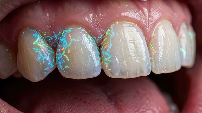 Dental biofilm on teeth close up shows bacteria that can cause gum disease and oral health issues if not properly cleaned and treated for healthy smile and prevention