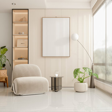 Blank picture frame mockup in modern minimalist living room with comfortable armchair and green plant for interior design template- 3D rendering