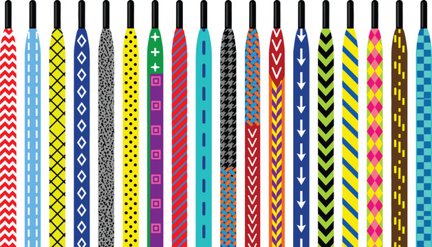 Colorful patterned shoelaces collection set with geometric stripes checkers polka dots and abstract textures isolated on white background flat vector illustration