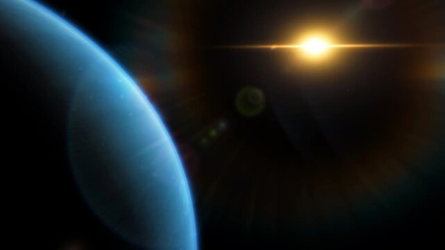Neptune atmosphere and deep space background with ice gas giant exoplanet 3D rendering animation in 4K Ultra HD footage.
