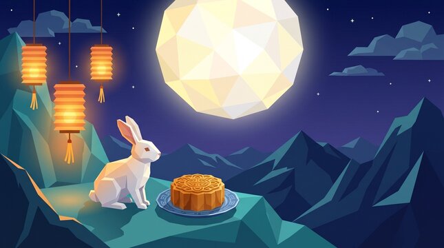 Mid-Autumn festival with jade rabbit mooncake and full moon low poly vector