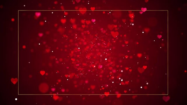 Romantic red heart background floating bokeh, soft glowing particles, a thin golden frame elegant love visuals. Valentine greetings, wedding slideshows, anniversary , invitation screens, and heartfelt