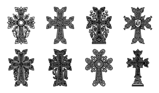 Armenian Cross Vector Set with Khachkar Ornamental Patterns, Celtic Knot, Grapevine and Floral Engraved Designs