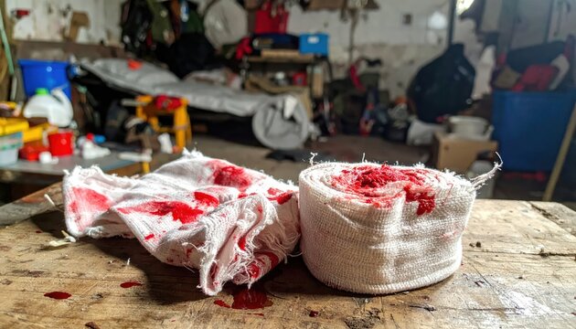 Bloody Bandages and Gauze on a Dirty Wooden Table in a Messy Workshop or Storage Area