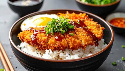 Fototapeta premium Realistic close-up Chicken Katsu Don with crispy cutlet, egg, rice, sauce