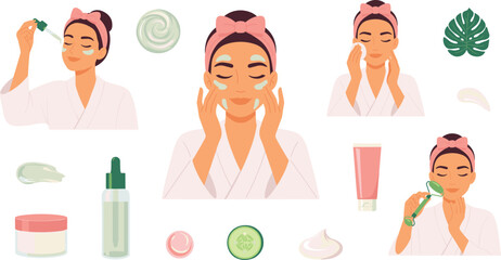 Skincare Routine Vector Character Set Featuring Face Cream Application, Serum Pipette, Cotton Pad Cleansing, Jade Roller Massage, and Cosmetics Icons © MstAkhlima