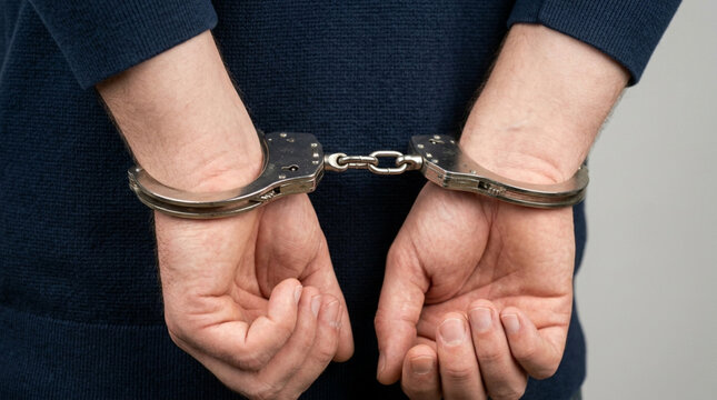 Handcuffed man in dark sweater, symbolizing arrest, crime, justice, or restriction
