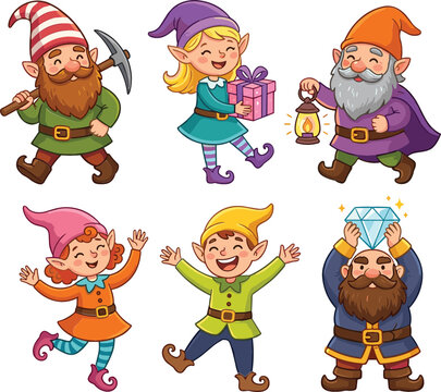 Cute cartoon gnomes and fantasy elves characters collection set holding pickaxe lantern gift box and large diamond isolated on white background vector