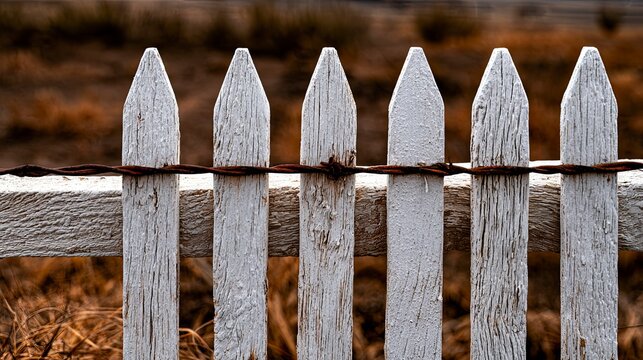 Weathered White Picket Fence Along Rustic Backyard Path.