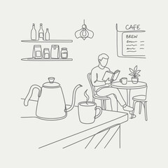 Fototapeta premium Minimalist cafe scene with figure reading book, line art drawing.