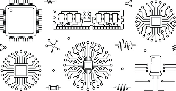 Computer hardware microchip processor cpu ram memory module component electronic circuit line art vector icon bundle set outline