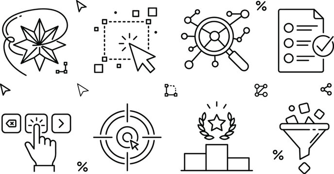 Digital marketing analytics and graphic design line icons set with funnel target podium selection network checklist star tools