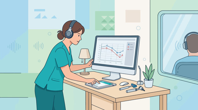Audiologist performs hearing test on patient in clinic using computer and headphones