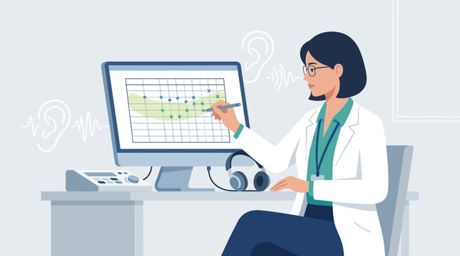 Audiologist performs hearing test with audiogram on computer screen.
