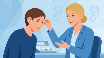 Fototapeta premium Audiologist testing young man's hearing with modern equipment, medical check