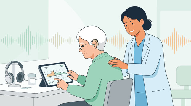 Audiologist testing senior man's hearing with digital audiogram and headphones
