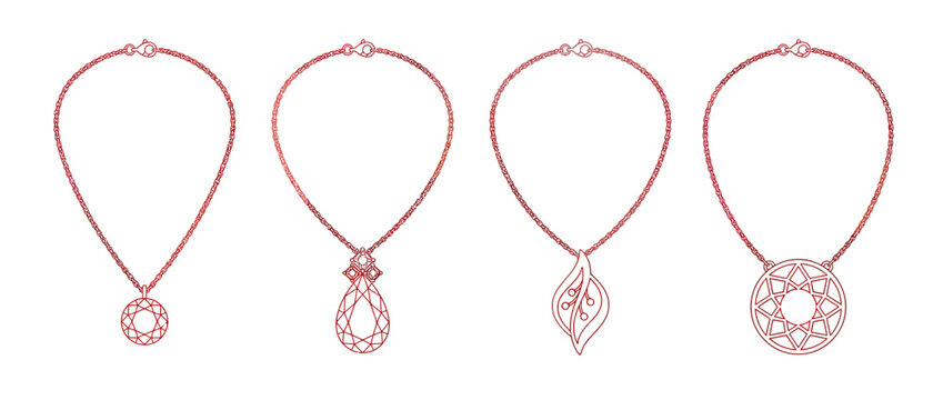 Four Rose Gold Necklaces with Pendants on White