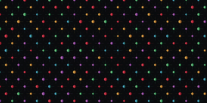 Geometric grid of colorful glossy spheres on black background abstract pattern