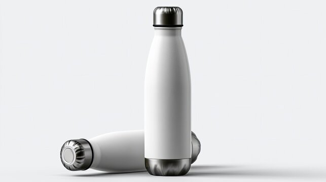 Minimalist Stainless Steel Water Bottle On White Background.