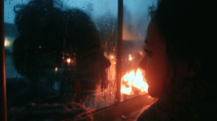 Obraz premium Silhouette of a person looks out a window with rain falling while a fire glows brightly inside, showing warmth amid a cold night.