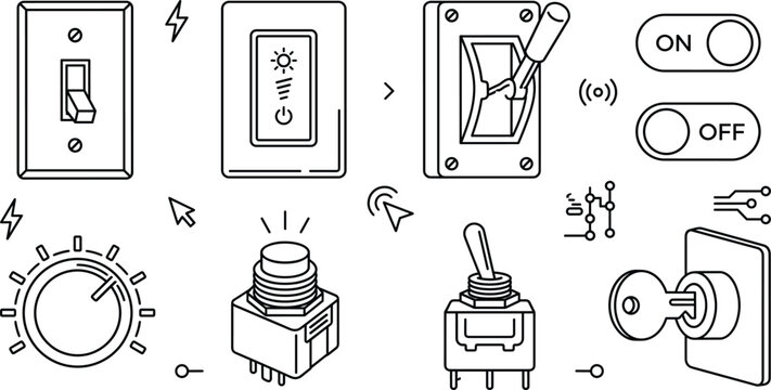 Electrical switch and toggle button line icons set featuring light dimmer control circuit breaker key lock and push buttons