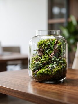 Glass terrarium filled with lush green moss and small plants on wooden table with glass jar containing miniature ecosystem moss greenery wooden surface bark greenery transparent with reflection