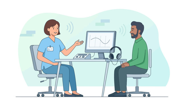 Audiologist conducts hearing test with patient using audiometer and computer screen