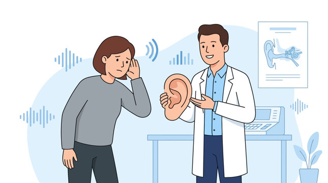 Audiologist examining patient with hearing loss in clinic, ear model, sound waves