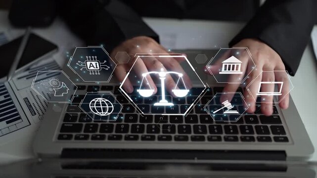 Futuristic digital law interface displaying justice scale, highlighting digital law, AI compliance, digital law systems, and digital law regulations for secure governance. Muxer
