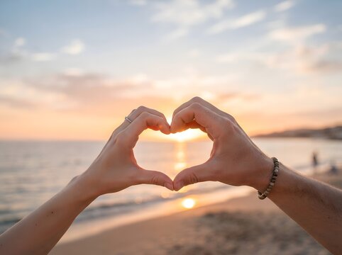 Hands making a heart shape against the bright golden sunset at the tropical sandy beach