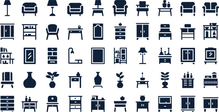 Home interior furniture solid glyph icon set featuring flat vector silhouettes of sofas chairs wardrobes tables lamps mirrors and home decor elements