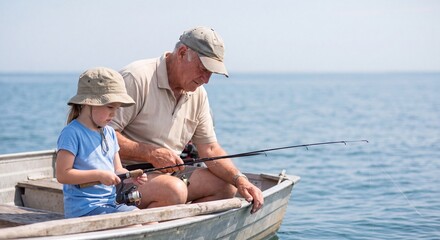 Fototapeta premium Grandfather Teaching Granddaughter How to Fish on a Boat