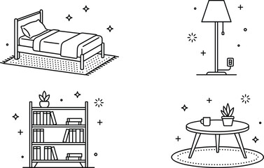 Home bedroom furniture interior decor vector line art icon bundle with bed floor lamp bookshelf coffee table outlines © S O H A G