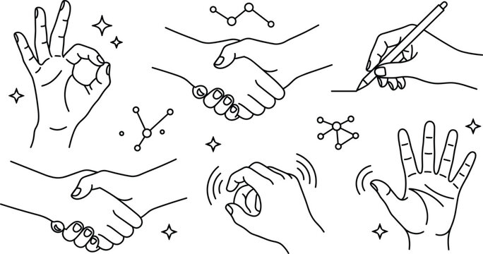 Hand gestures line icons set featuring okay sign handshake writing pen holding snapping finger waving open hand elements