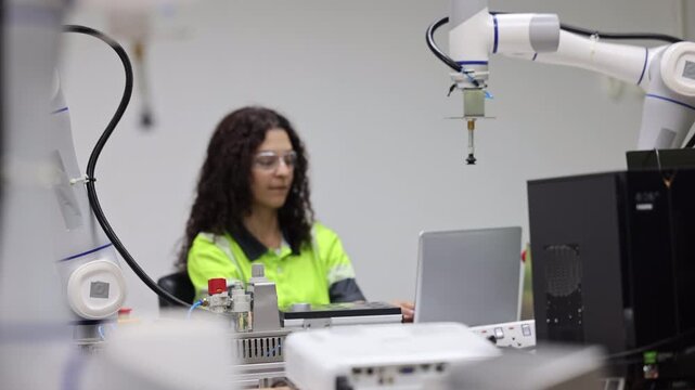 Female industrial engineer study inspection control robot arm machine in robotics engineering, Robotic learn operating, programming, troubleshooting quality control demonstrations of robotic arms. AI
