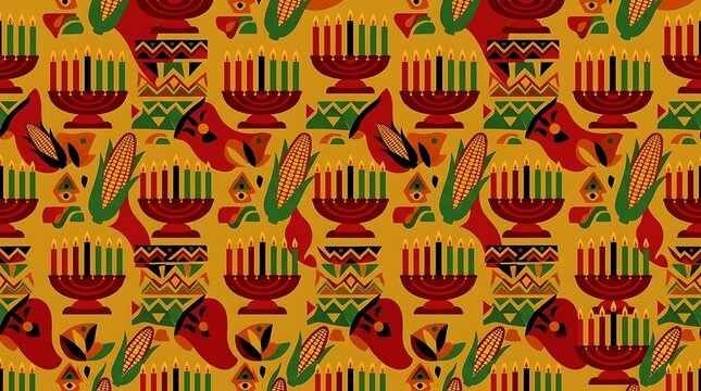 Seamless kwanzaa holiday pattern with kinara and corn on yellow