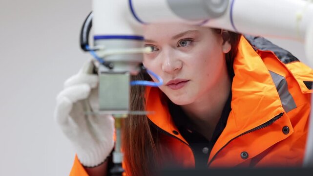 Female industrial engineer study inspection control robot arm machine in robotics engineering, Robotic learn operating, programming, troubleshooting quality control demonstrations of robotic arms. AI