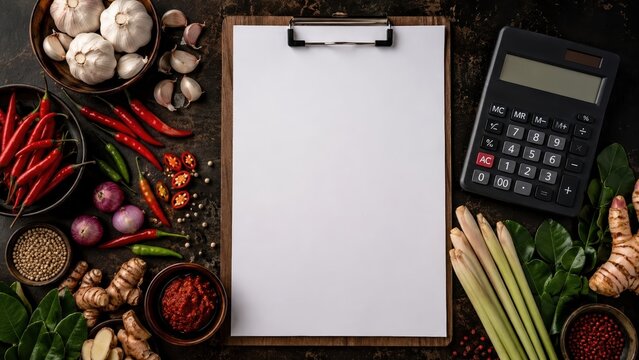 Blank Clipboard with Ingredients and Calculator for Food Cost Calculation