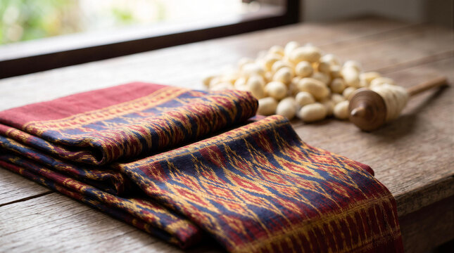 Traditional folded Thai silk fabric with silkworm cocoons and wooden spindle on rustic wooden table