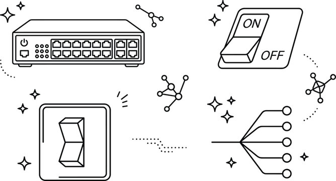 Network switch ethernet router hardware vector line art icon bundle with power toggle switch and node connection diagrams