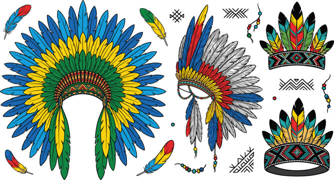 Native American feather headdress illustrations set featuring colorful tribal war bonnets indigenous chief crown and ethnic elements