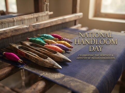 Colorful wooden weaving shuttles on a traditional loom for national handloom day
