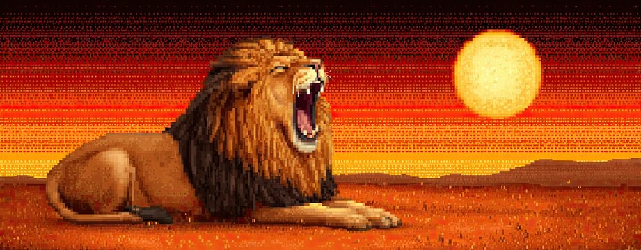 Yawning Lion in Pixel Art Style at Sunset