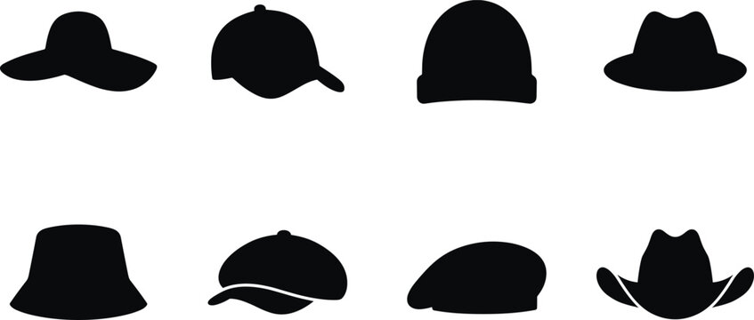 Collection of various black hat silhouettes featuring cap, fedora, beanie, and cowboy hat icons.