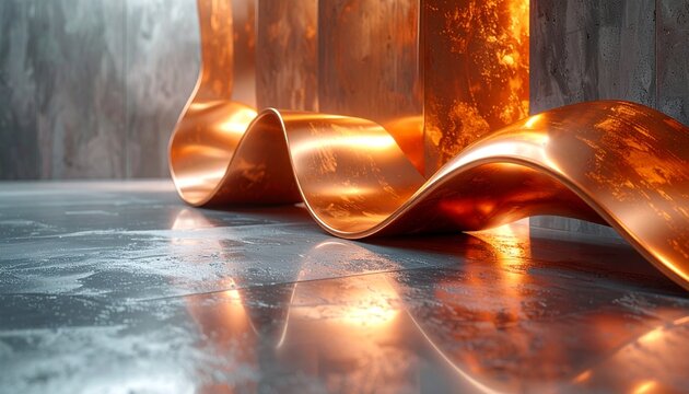 Abstract background with copper metallic ribbons flowing over industrial concrete in warm light