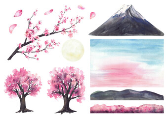 Obraz premium Watercolor Mount Fuji landscape with cherry blossom branch, sakura trees, moon and sunset or sunrise sky. Hand drawn Japan Landmark element set . Isolated illustration for travel post card, wallpaper