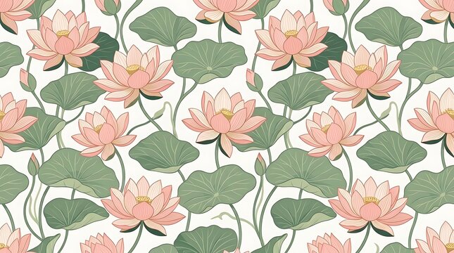 Elegant seamless pattern with pink lotus flowers and green leaves