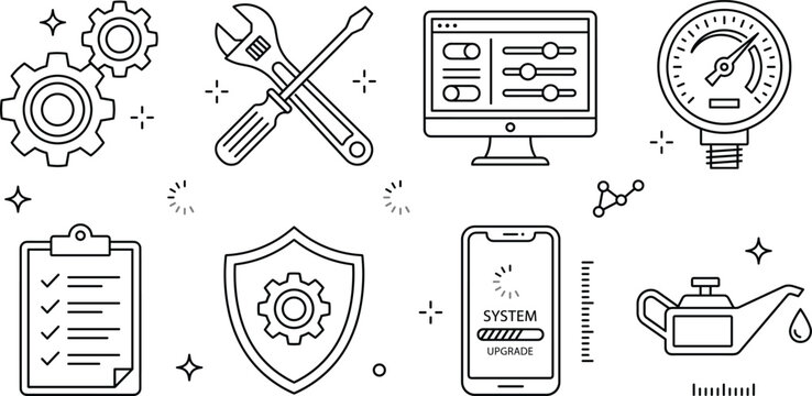 System upgrade technical support maintenance tools dashboard gear shield vector line art icon set for repair configuration service