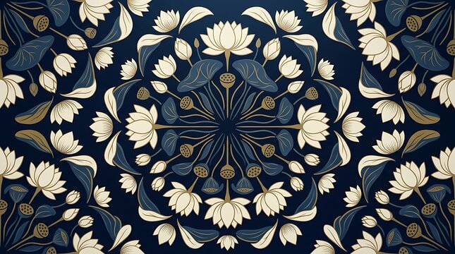 Elegant lotus flower mandala pattern on navy background